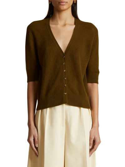 Khaite Tedi Short Sleeve Wool-blend Cardigan In Avocado