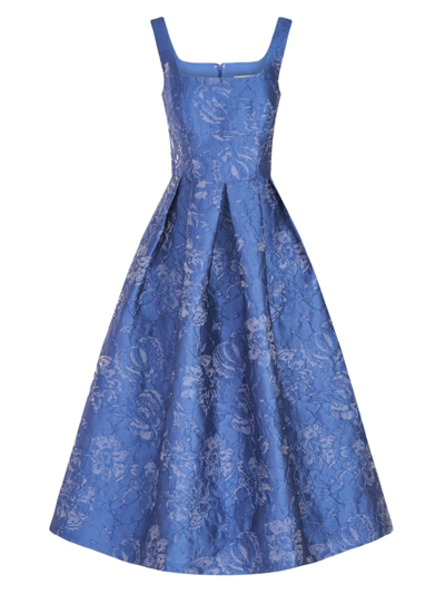 Kay Unger Tiegan Pleated Floral Jacquard Midi Dress In Surf Blue