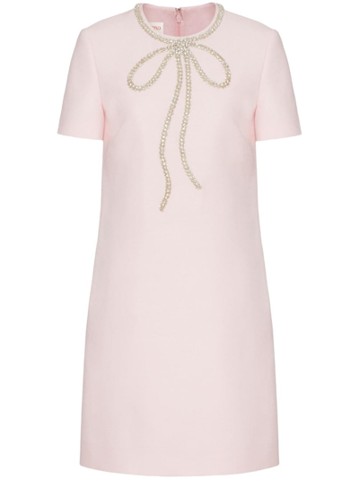 Valentino Crepe Couture Mini Dress With Crystal Bow In Pink/silver