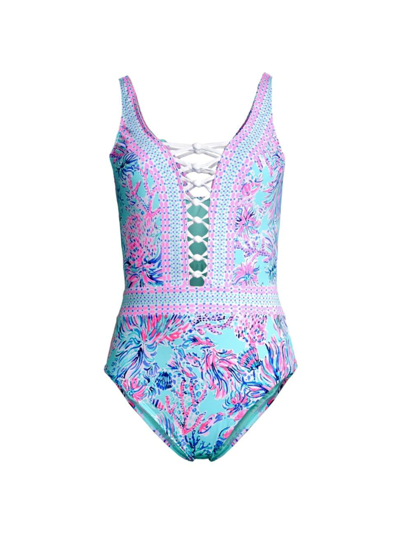 Lilly Pulitzer Jaspen One Piece In Multi Seaweed Samba Engineered One Piece In Celestial Blue Seek And Sea Engineered One Piece