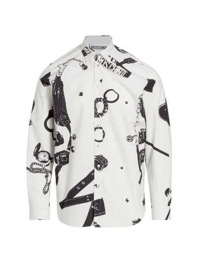 Moschino Men's All Over Items Button-front Shirt In Grey