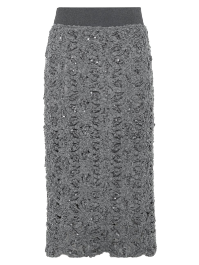 Brunello Cucinelli Women's Dazzling Flowers Embroidery Skirt In Techno Virgin Wool In C078 Medium Grey