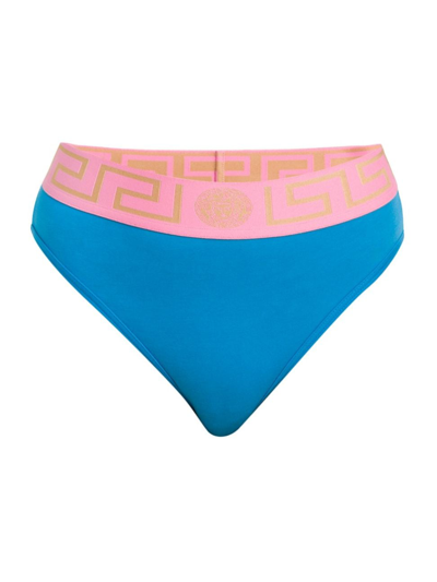 Versace Greca High Rise Bikini Bottoms In Blue,pink
