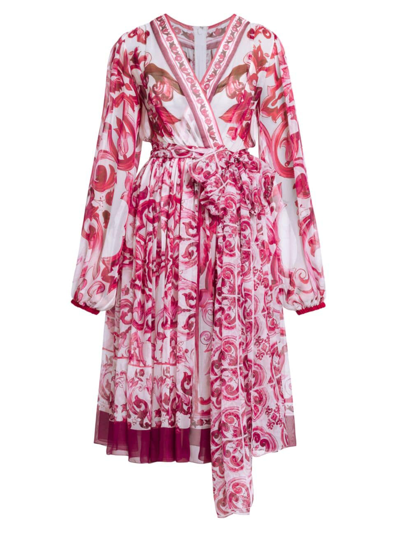 Dolce & Gabbana Maiolica Print Silk Chiffon Wrap Dress In Fuchsia
