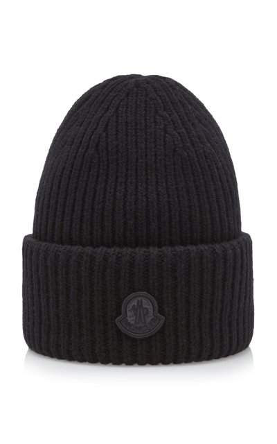 Moncler Wool Knit Beanie With Logo Patch In Black