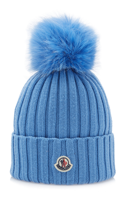 Moncler Wool Rib Beanie With Faux Fur Pompom In Blue