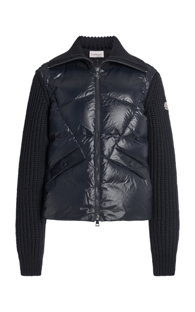Moncler Wool Knit Cardigan With Puffer Front In Navy