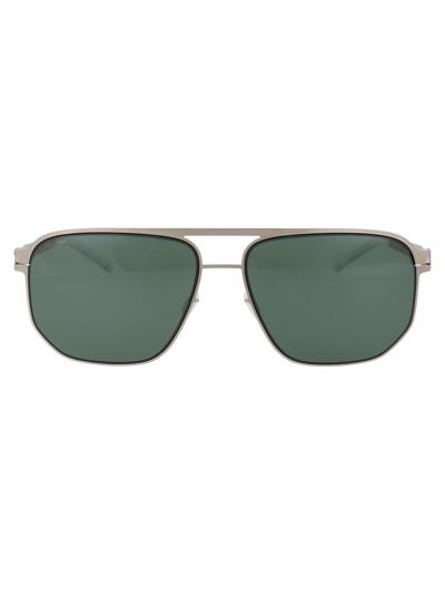 Mykita Perry Sunglasses In 509 Matte Silver/black Polarized Pro Green