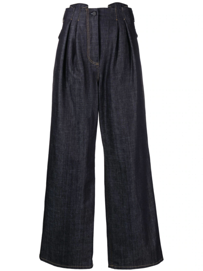 The Mannei Wide-leg Cotton Trousers In Dark Blue