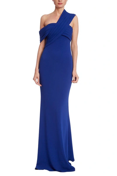 Badgley Mischka Pleated One-shoulder Gown In Blue