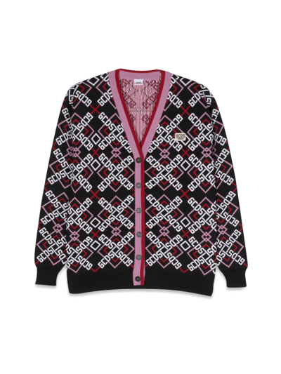 Gcds Kids' All Over Logo Wool Blend Knit Cardigan In Multicolor