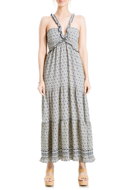 Max Studio Medallion Halter Maxi Dress In Navy/ Crm Medlln Links