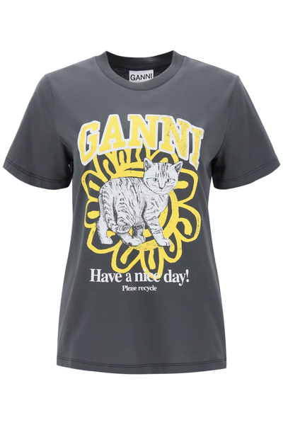 Ganni Short Sleeve Relaxed Cat T-shirt In Grey