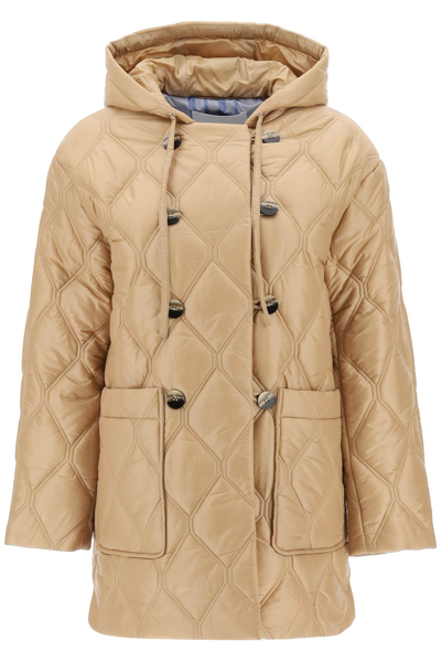 Ganni Shiny Quilt Hooded Jacket In Beige