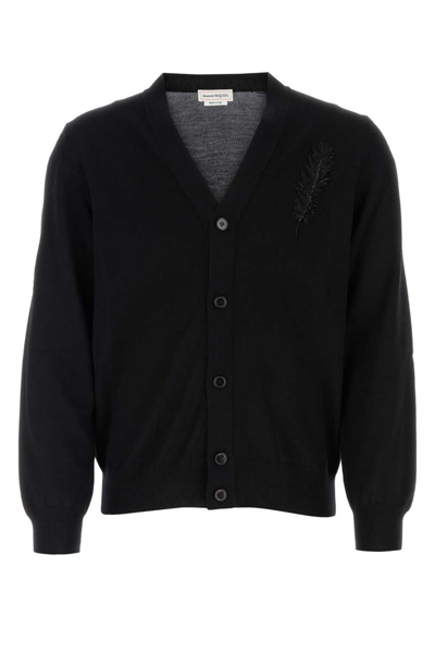 Alexander Mcqueen Men's Cardigan With Embroidered Feather In Black