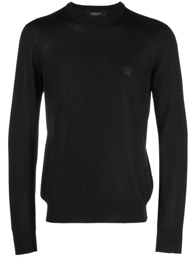 Versace Logo-embroidered Knitted Sweatshirt In Black