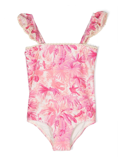 Zimmermann Kids' Girl's Ginger Floral-print Swimsuit In Pink Palm