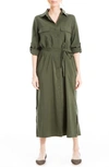 Max Studio Roll Sleeve Utility Maxi Shirtdress In Olive