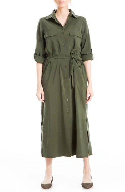Max Studio Roll Sleeve Utility Maxi Shirtdress In Olive