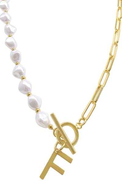 Adornia 14k Gold-plated Paperclip Chain & Mother-of-pearl Initial F 17" Pendant Necklace In Letter F