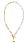 Adornia Imitation Pearl & Paperclip Chain Initial Pendant Necklace In Gold