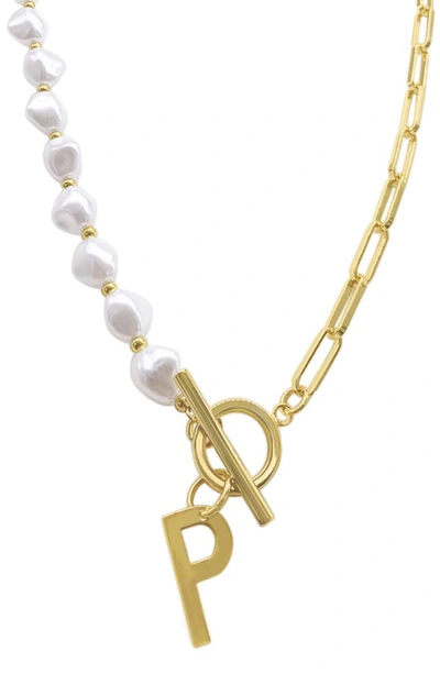 Adornia 14k Gold-plated Paperclip Chain & Mother-of-pearl Initial F 17" Pendant Necklace In Letter P