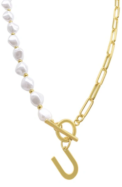 Adornia 14k Gold-plated Paperclip Chain & Mother-of-pearl Initial F 17" Pendant Necklace In Letter U