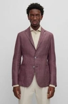 Hugo Boss Slim-fit Jacket In Patterned Linen And Virgin Wool In Dark Red