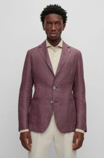 Hugo Boss Slim-fit Jacket In Patterned Linen And Virgin Wool In Dk Rd