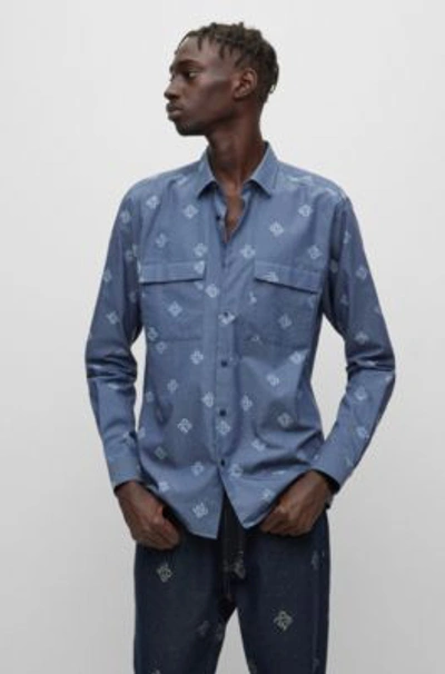 Hugo Modern-fit Shirt In Stacked-logo Cotton Jacquard In Light Blue