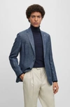Hugo Boss Slim-fit Jacket In Patterned Linen And Virgin Wool In Dark Blue
