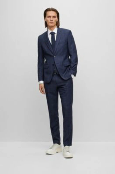 Hugo Boss Three-piece Slim-fit Suit In Checked Virgin Wool In Dark Blue