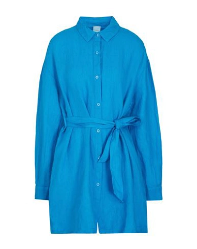8 By Yoox Linen Belted Chemisier Mini Dress Woman Short Dress Azure Size 10 Linen In Blue