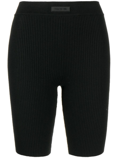 Essentials Logo-tab Ribbed Woven Shorts In Off Black
