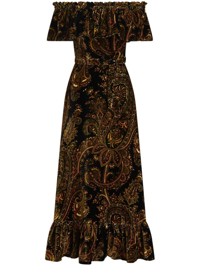 Etro Paisley Evening Dress With Dropped Shoulders In Brown
