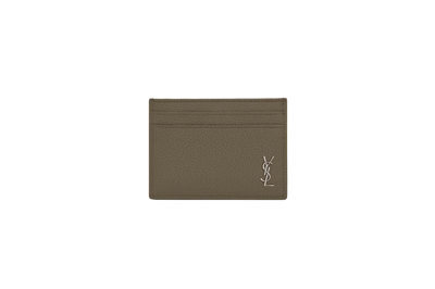 Pre-owned Saint Laurent Tiny Cassandre Card Case In Grained Leather Dark Khaki