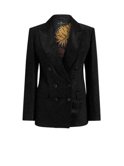 Etro Double-breasted Jacket With Printed Lining In Black