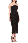 MARCHESA NOTTE ROSETTE STRAPLESS MIDI DRESS