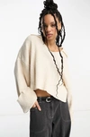 Asos Design V-neck Collar Crop Oversize Sweater In Cream