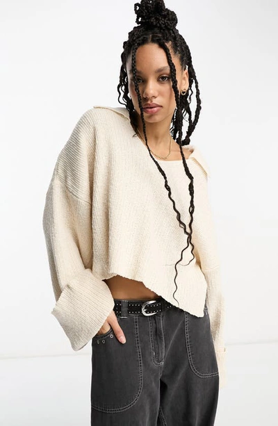 Asos Design V-neck Collar Crop Oversize Sweater In Cream