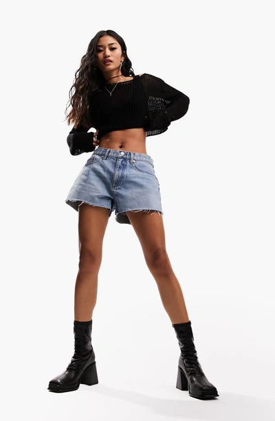 Asos Design Relaxed Fit Cutoff Denim Shorts In Medium Blue