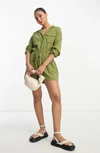 Asos Design Slouchy Linen Look Shirt Romper With Long Sleeve In Olive-green In Khaki