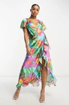 Asos Design Ruffle Detail Wrap Satin Maxi Dress In Large Bold Floral Print-multi In Light Green