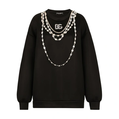 Dolce & Gabbana Jersey Sweatshirt With Necklace And Crystal-embellished Dg Logo In Black