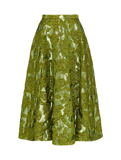 Valentino Rose-brocade Midi Skirt In Green