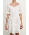 Endless Rose Lace Trim Puff Sleeve Minidress In White
