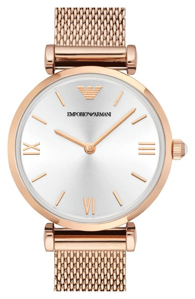 Emporio Armani Mesh Strap Watch, 32mm In Rose Gold/ Champagne