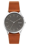 SKAGEN JORN LEATHER STRAP WATCH, 41MM