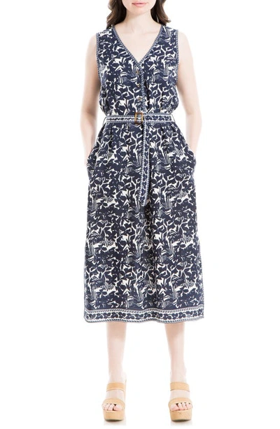 Max Studio Floral Placket Midi Dress In Crm/ Navy Silhtte Hbscs Plm