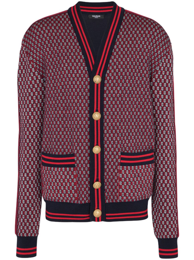 Balmain Monogram-print Checked Wool Cardigan In Red